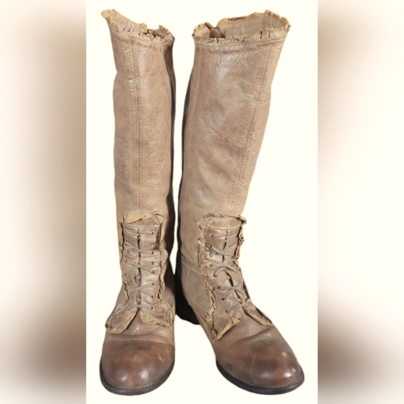 Miss Albright By Anthropologie Tan/Brown Ruffle Lace Back Zip Riding Boots 7B - Picture 1 of 11